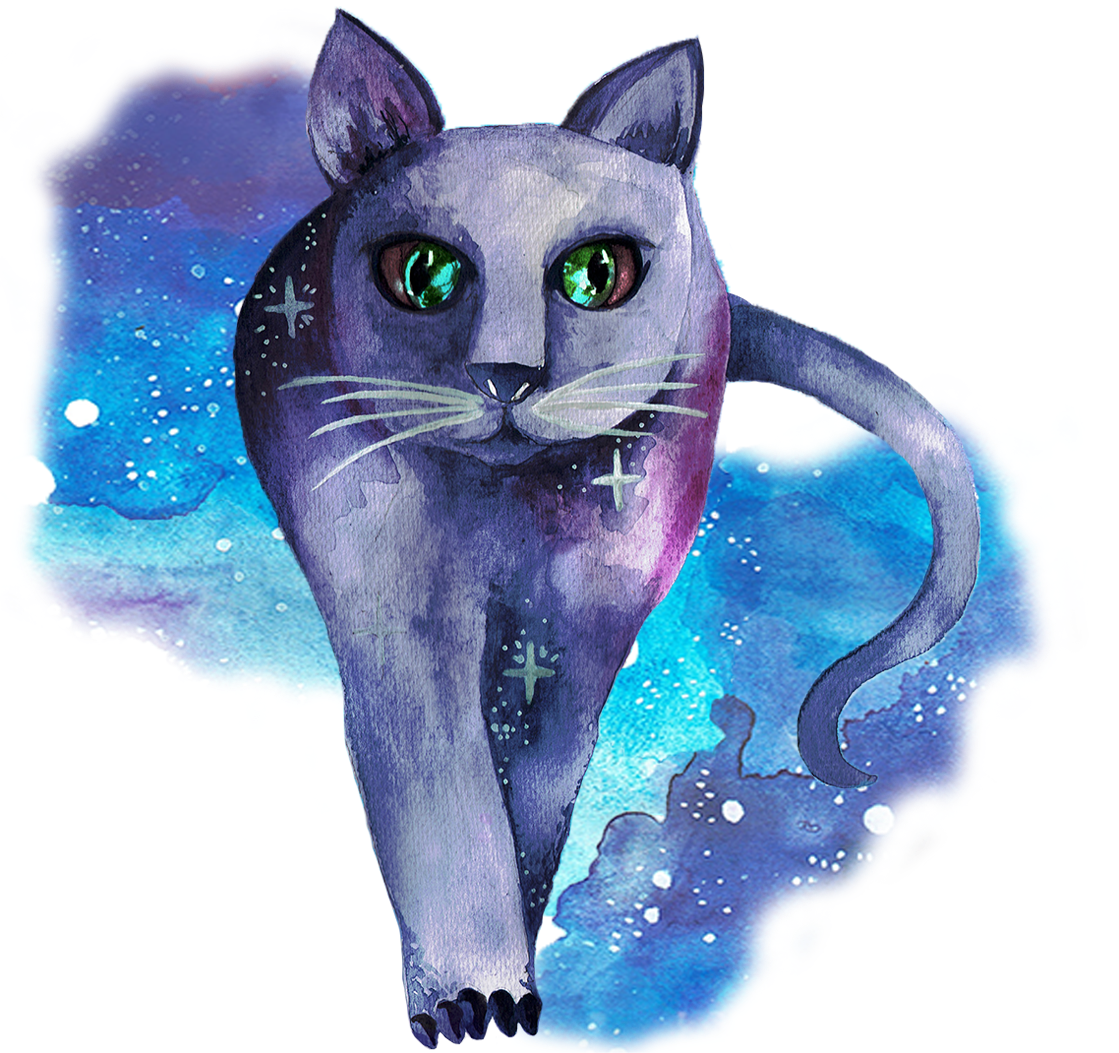 A drawing of a blue cat among the stars.