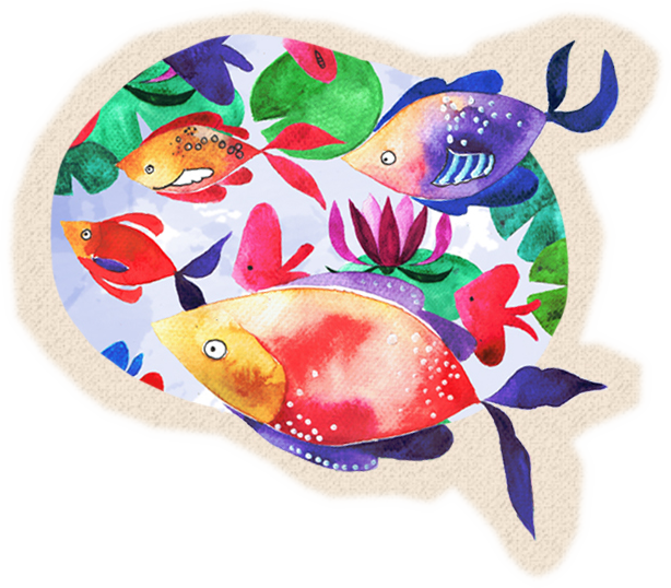 A drawing of a school of fish of different shapes and colors.