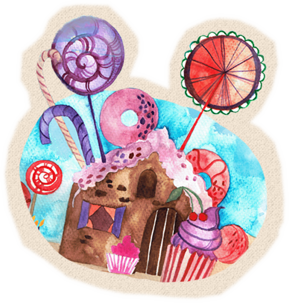 A whimsical drawing of a gingerbread house with lollipops, donuts, and a cupcake.